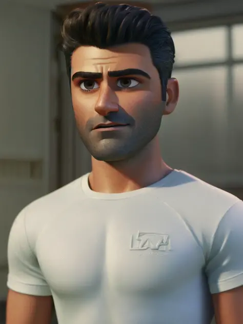 pixarstyle un retrato hasta la cintura de un oscar isaac con una camiseta blanca, sonrisa, textura natural de la piel, texturas 4K, hdr, Intrincado, muy detallado, enfoque nítido, aspecto cinematográfico, hiperdetallado