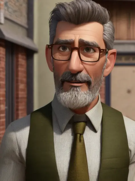 pixarstyle a waist-length portrait of a man 50 years old, sparse hair, vest, glasses, natural skin texture, 4k textures, hdr, intricate, highly detailed, sharp focus, cinematic look, hyperdetailed