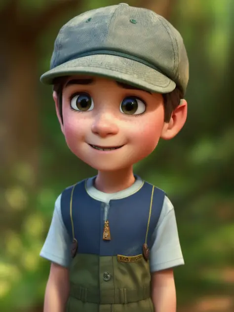 pixarstyle un portrait à la taille d&#39;un petit garçon, petit sourire satisfait, Casquette, nature, texture naturelle de la peau, textures 4k, HDR, complexe, très détaillé, netteté, aspect cinématographique, hyperdétaillé