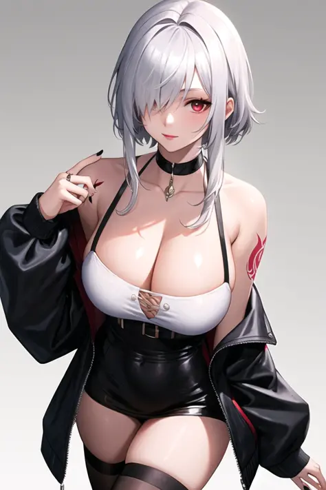 1girl, arm tattoo, bare shoulders, black nails, black thighhighs, breasts, choker, cleavage, hair over one eye, hand tattoo, huge breasts, jacket, jewelry, looking at viewer, off shoulder, red eyes, ring, short hair, short hair with long locks, simple back...