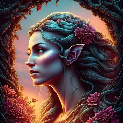 in profile (the beautiful majestic sexy elf woman one head with flowers in hair:1.1) portrait, dark forest, full of flowers, sun...