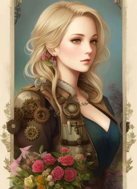 Charlie Bowater realistic Lithography sketch portrait of a woman, flowers, [gears], pipes, dieselpunk, multi-colored ribbons, old paper texture, highly detailed