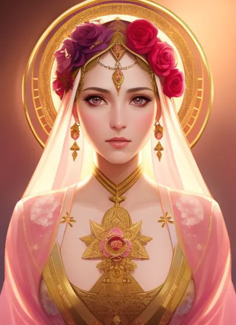 (symmetry:1.1) (portrait of floral:1.05) a woman as a beautiful goddess, (assassins creed style:0.8), pink and gold and opal col...