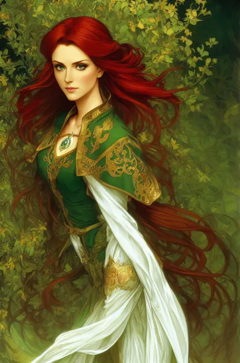 (triss merigold:1.4), the witcher, (green eyes:1.4), (red hair in a bun), tamzenefull portrait, masterpiece, best quality, highe...