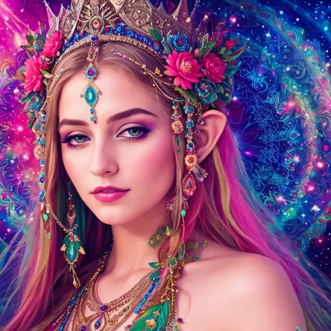 a psychedelic dream vision of a beautiful elf queen, long dress, (psychedelic patterns), fantasy, (high detailed skin:1.2), intr...