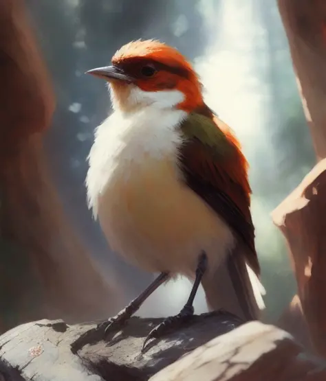 oil paint, forest environment art, bird on rock, block print paint portrait, posed character design study, backlit, light rays, highly detailed, trending on artstation