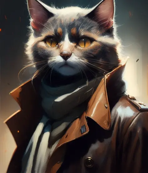 wide angle of cat character wearing a trenchcoat, a detailed painting, cgsociety, detailed painting, artstation hd, high detail,...