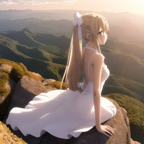 1girl, (anime style:1.2) of a woman standing on the edge of a mountain, inspiring, hair ribbons, eyes close, bending over, wearing only one white dress, blonde hair flowing in the air, ultra detailed scene, sky, sun, sunlight, full body, (detailed face), side view