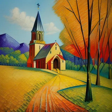 modernartst painting of a wooden church in the forest, very detailed, focused, oil painting, colorful, canvas, artstation, vsevo...