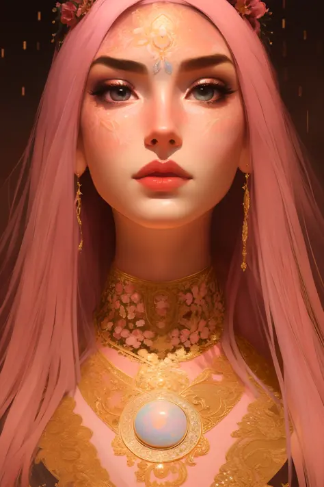 samdoesarts style (symmetry:1.1) (portrait of floral:1.05) beautiful goddess, (assassins creed style:0.8), pink and gold and opa...