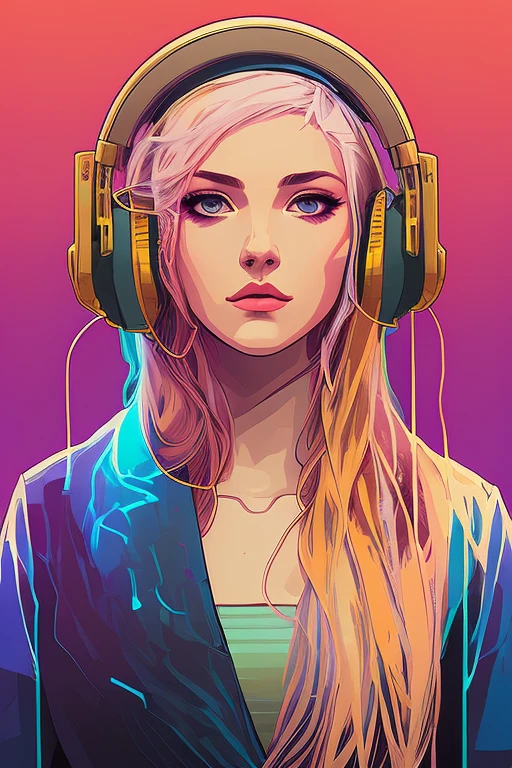 snthwve style nvinkpunk (symmetry:1.1) (portrait of floral:1.05) a photo of young (woman:1.5) with long transparent coat, (headphones:1.3), (blonde hair:1.5), (assassins creed style:0.8), pink and gold and opal color scheme, beautiful intricate filegrid facepaint, intricate, elegant, highly detailed, digital painting, artstation, concept art, smooth, sharp focus, illustration, art by greg rutkowski and alphonse mucha, 8k, theprince