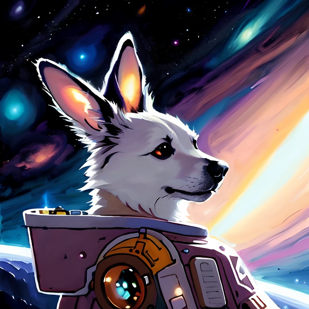 space dog, moody, salt and pepper punk hair, profile picture, cosmic background, steampunk fantasy painting by greg manchess and makoto shinkai, trending on artstation, [:vibrant digital painting:0.4]