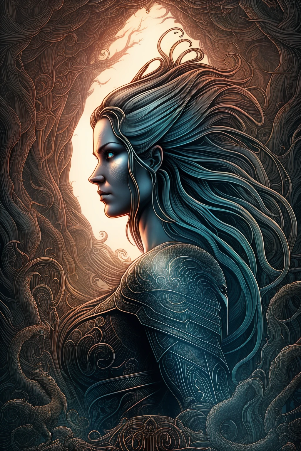 in profile (the beautiful nordic amazon woman one head with hair fluttering in the wind:1.1) portrait, dark forest, waterfall, sunset, symmetrical artistic sharp art, dan mumford style, hdr, realism, dark fantasy atmosphere, lovecraft style, (JimJorCrafLogo art style:1.3), (close up view),