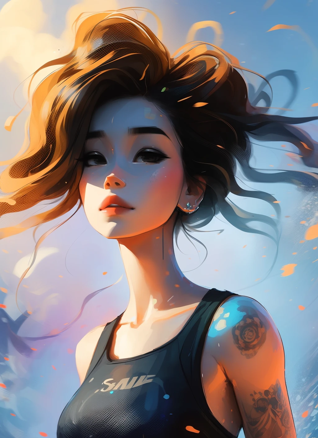 samdoesarts style award winning half body portrait of a beautiful woman in a croptop and cargo pants with ombre navy blue teal hairstyle with head in motion and hair flying, paint splashes, splatter, outrun, vaporware, shaded flat illustration, digital art, trending on artstation, highly detailed, fine detail, intricate