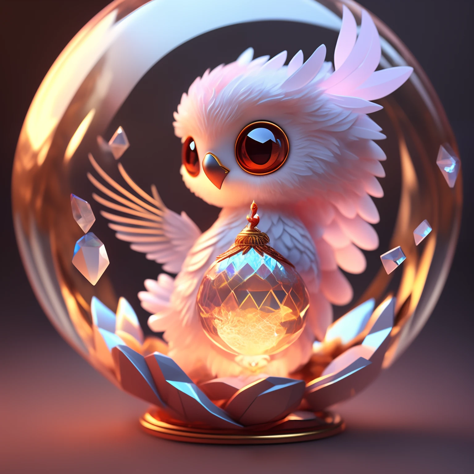 Ein süßer, entzückender Baby-Phönix aus einer Kristallkugel mit einem hochdetaillierten, komplizierten Konzeptbild mit Low-Poly-Augen, trendiges Artstation 8k