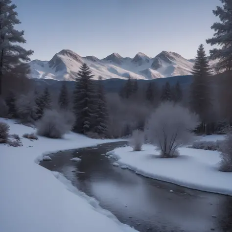 RAW photo, winter landscape, mountains, trees, 8k uhd, dslr, soft lighting, high quality, film grain, Fujifilm XT3