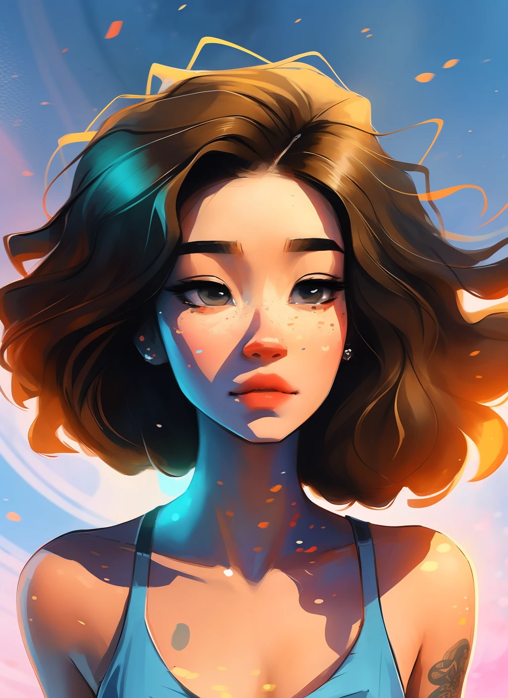 samdoesarts style award winning half body portrait of a beautiful woman in a croptop and cargo pants with ombre navy blue teal hairstyle with head in motion and hair flying, paint splashes, splatter, outrun, vaporware, shaded flat illustration, digital art, trending on artstation, highly detailed, fine detail, intricate