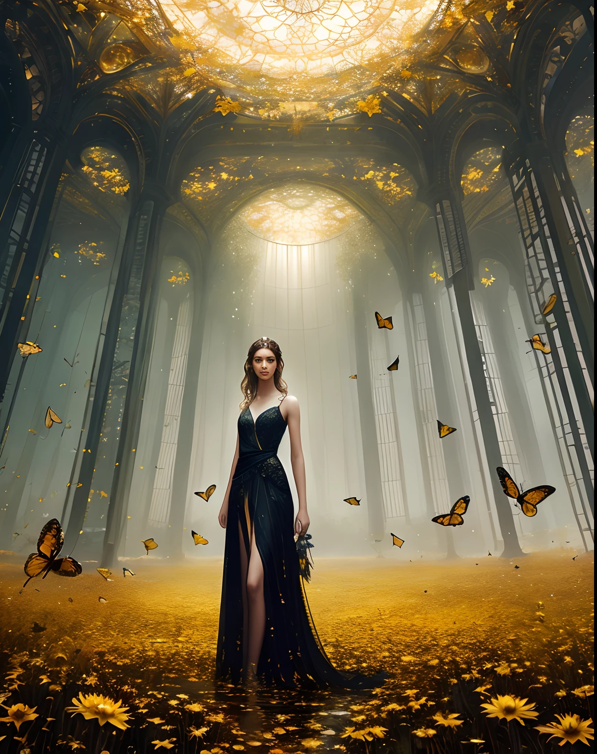 The image, a Style-Empire Style digital photography piece, shows a stunning, slender young woman with brown hair against a backdrop of golden butterflies and shards of glass. Every detail in the photo is very precise, creating an elegant, majestic atmosphere. This photo is a surreal wet oil painting by artgerm ruan jia and greg rutkowski, with highly detailed and gorgeous artistic effects. The composition of the work is very beautiful, showing a mixture of realistic and surreal mystery.