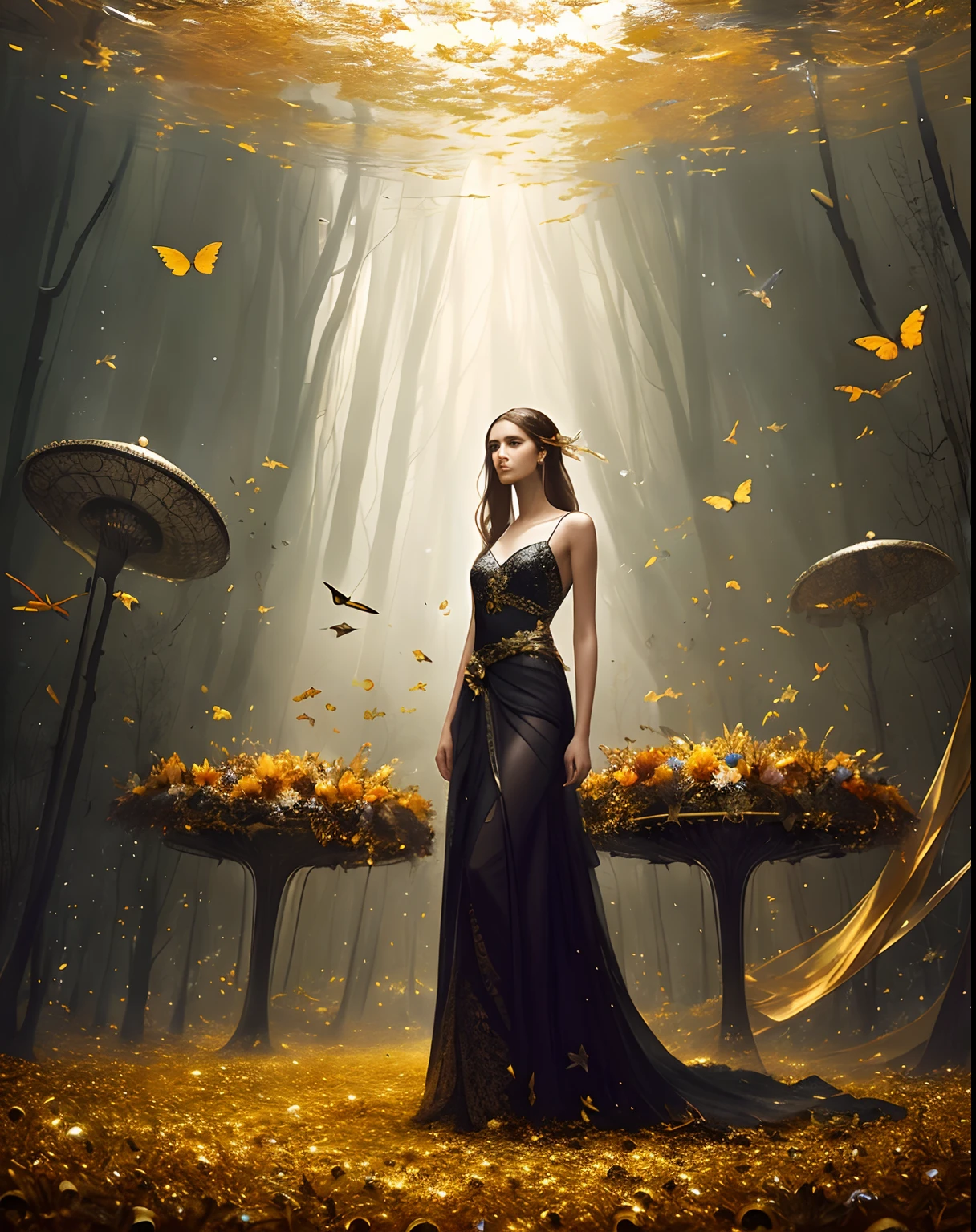 The image, a Style-Empire Style digital photography piece, shows a stunning, slender young woman with brown hair against a backdrop of golden butterflies and shards of glass. Every detail in the photo is very precise, creating an elegant, majestic atmosphere. This photo is a surreal wet oil painting by artgerm ruan jia and greg rutkowski, with highly detailed and gorgeous artistic effects. The composition of the work is very beautiful, showing a mixture of realistic and surreal mystery.