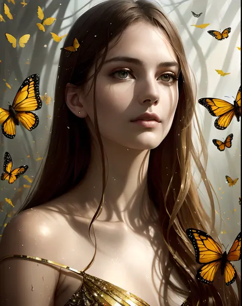 The image, a Style-Empire Style digital photography piece, shows a stunning, slender young woman with brown hair against a backdrop of golden butterflies and shards of glass. Every detail in the photo is very precise, creating an elegant, majestic atmosphe...