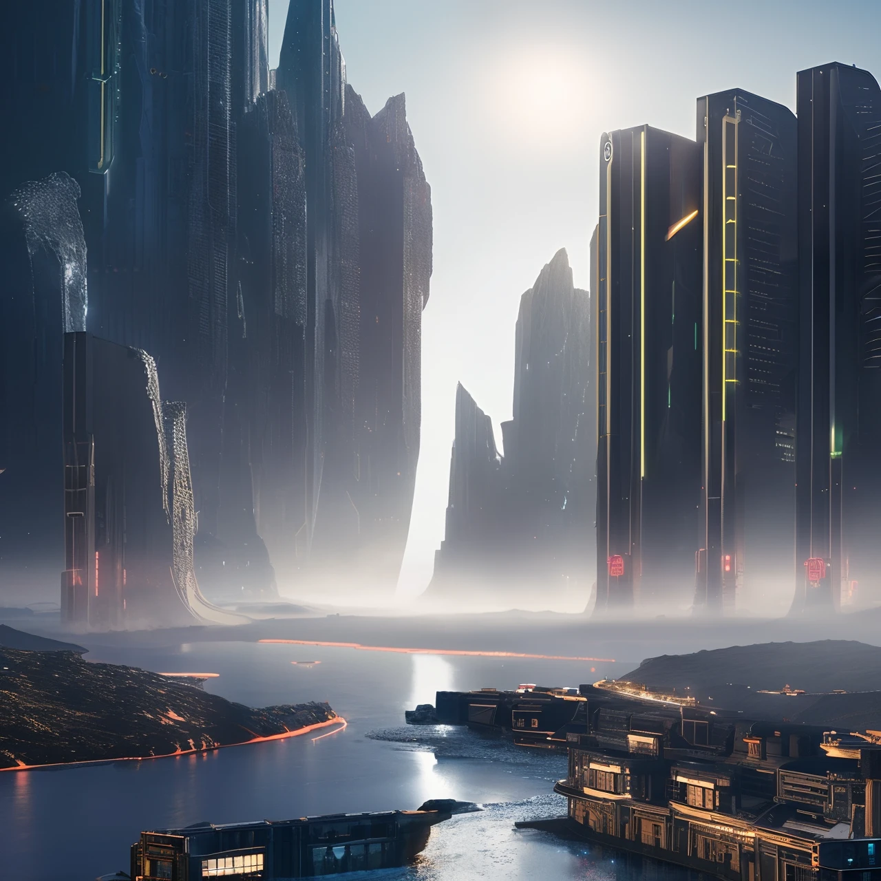 landscape of a futuristic Science-Fiction Stadt, Science-Fiction, ultra-realistisch, hohe Auflösung, Stadt