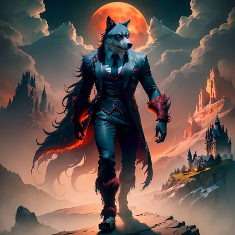 A werewolf dressed as a gangster standing on a cliff with wolves behind him, red moon in the sky, high detail, castle, masterpiece, (HDR)(wallpaper)(movie lighting)(sharp focus), masterpiece, best quality, (extremely detailed CG unity 8k wallpaper), (best quality)