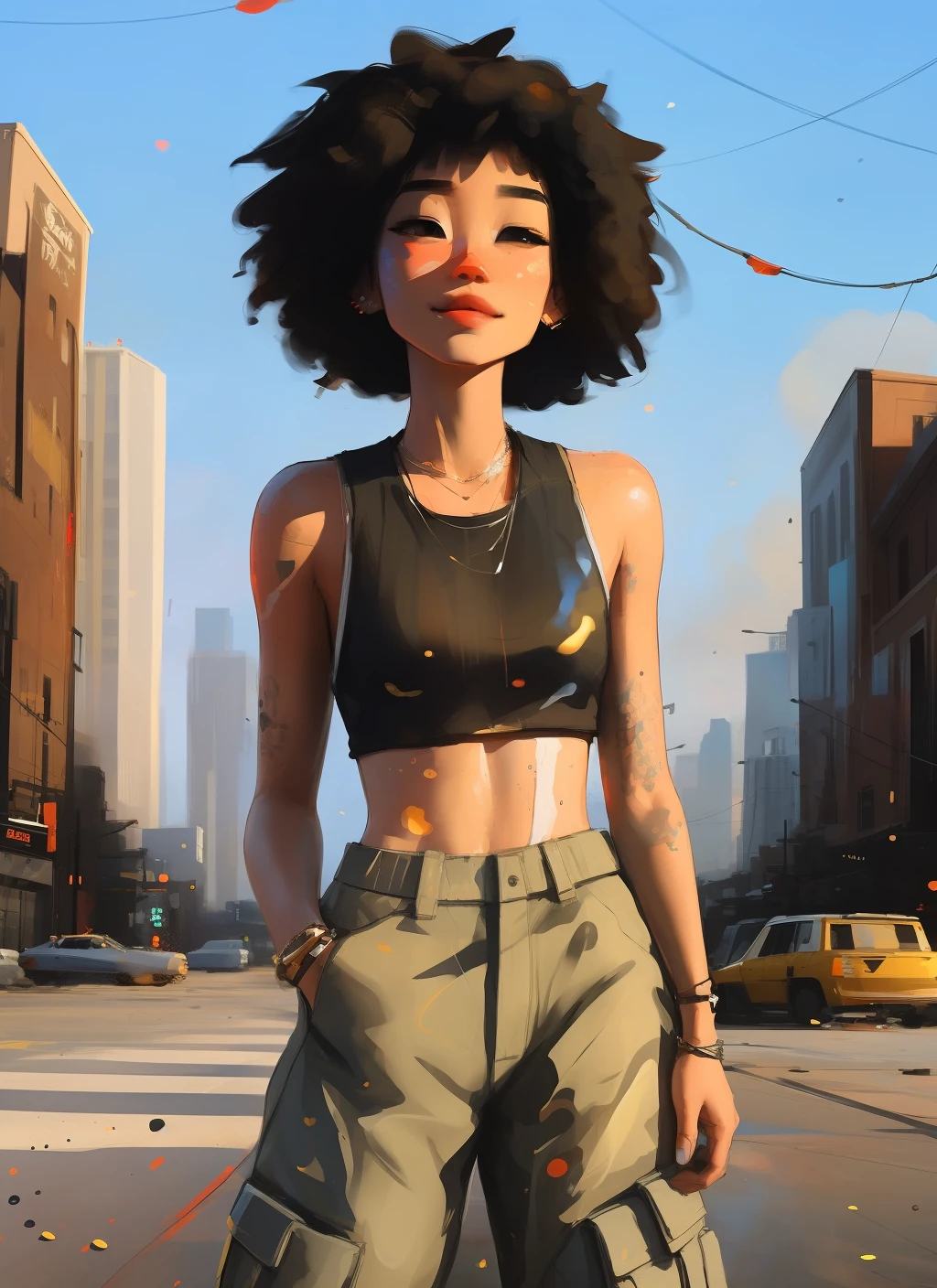 samdoesarts; award winning half body portrait of a beautiful woman in a croptop and cargo pants, military boots, standing on the street faint smile,  paint splashes, hair in a bun, splatter, outrun, vaporware,  digital art, trending on artstation, highly detailed, fine detail, intricate