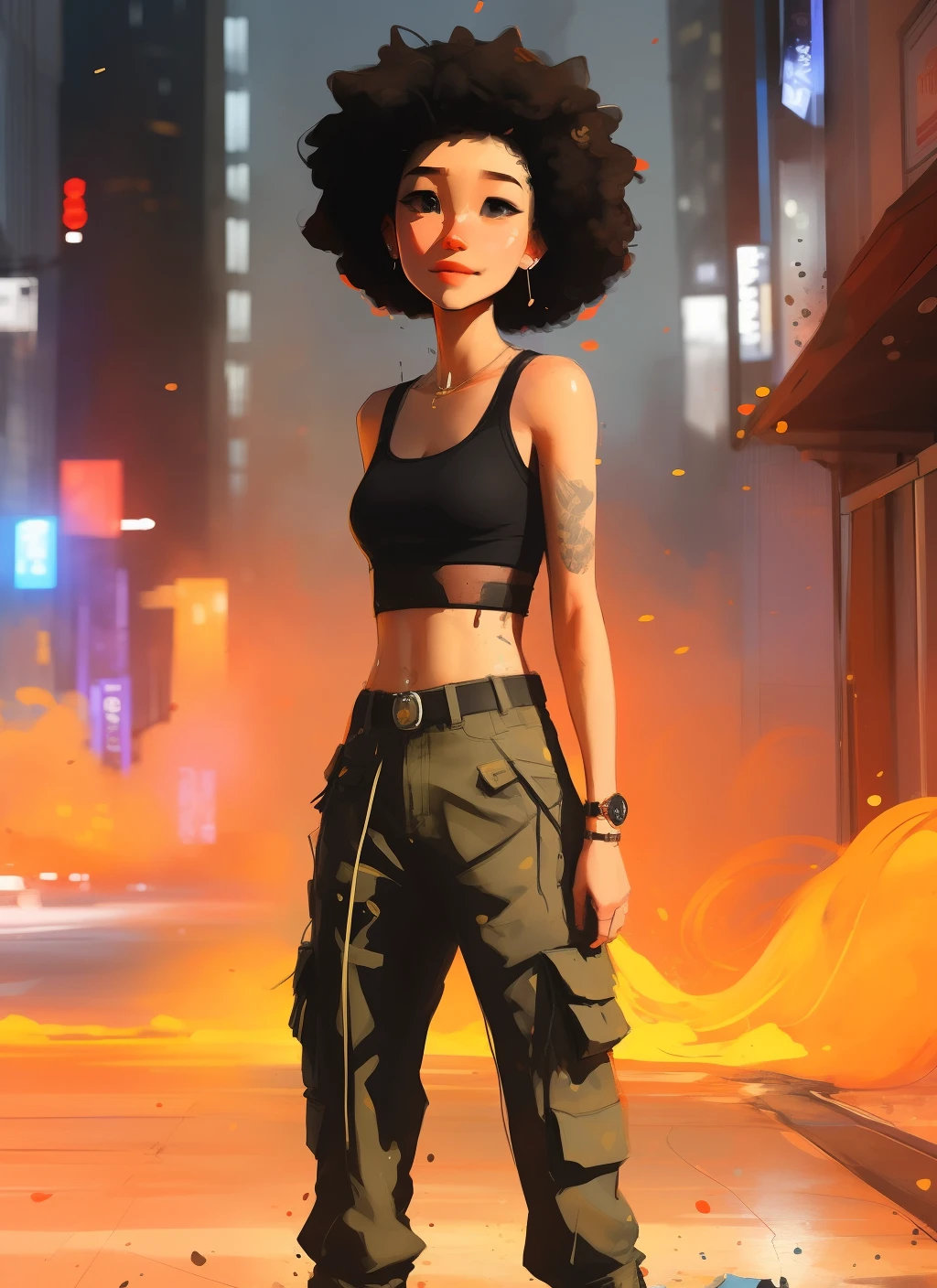 samdoesarts; award winning half body portrait of a beautiful woman in a croptop and cargo pants, military boots, standing on the street faint smile,  paint splashes, hair in a bun, splatter, outrun, vaporware,  digital art, trending on artstation, highly detailed, fine detail, intricate