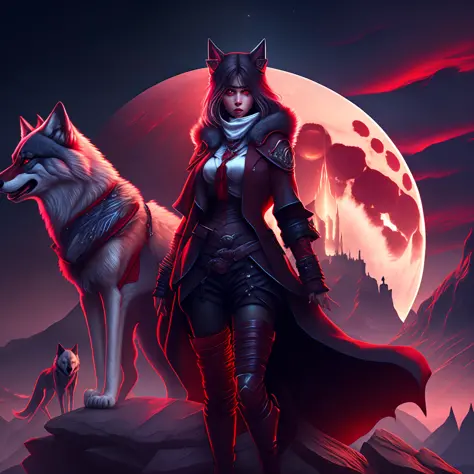 A Wolf girl standing on a mountain cliff wearing gangster clothes, with wolves behind her, red moon, high detail, castle, digitigrade, (extremely detailed CG unified 8k wallpaper), highly detailed, masterpiece, (HDR)(wallpaper) (Film lighting)(Sharp focus)...