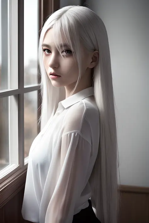 best quality, masterpiece, ultra high res, (photorealistic:1.4), 1girl, standing by the window, white hair, dark eyes, black shi...