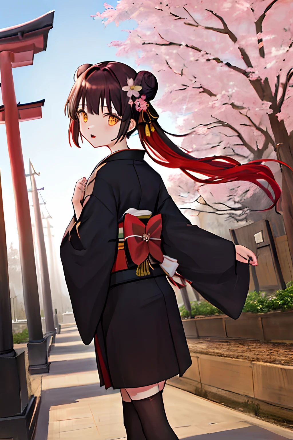 ((masterpiece,best quality)),2girls, black kimono, black legwear, black ribbon, black hair, cherry blossoms, day, flower, hair bun, hair ribbon, japanese clothes, kimono, long hair, looking at viewer, looking back, multiple girls, obi, outdoors, red eyes, red hair, ribbon, sandals, single hair bun, stairs, standing, statue, torii, tree, white kimono, yellow eyes