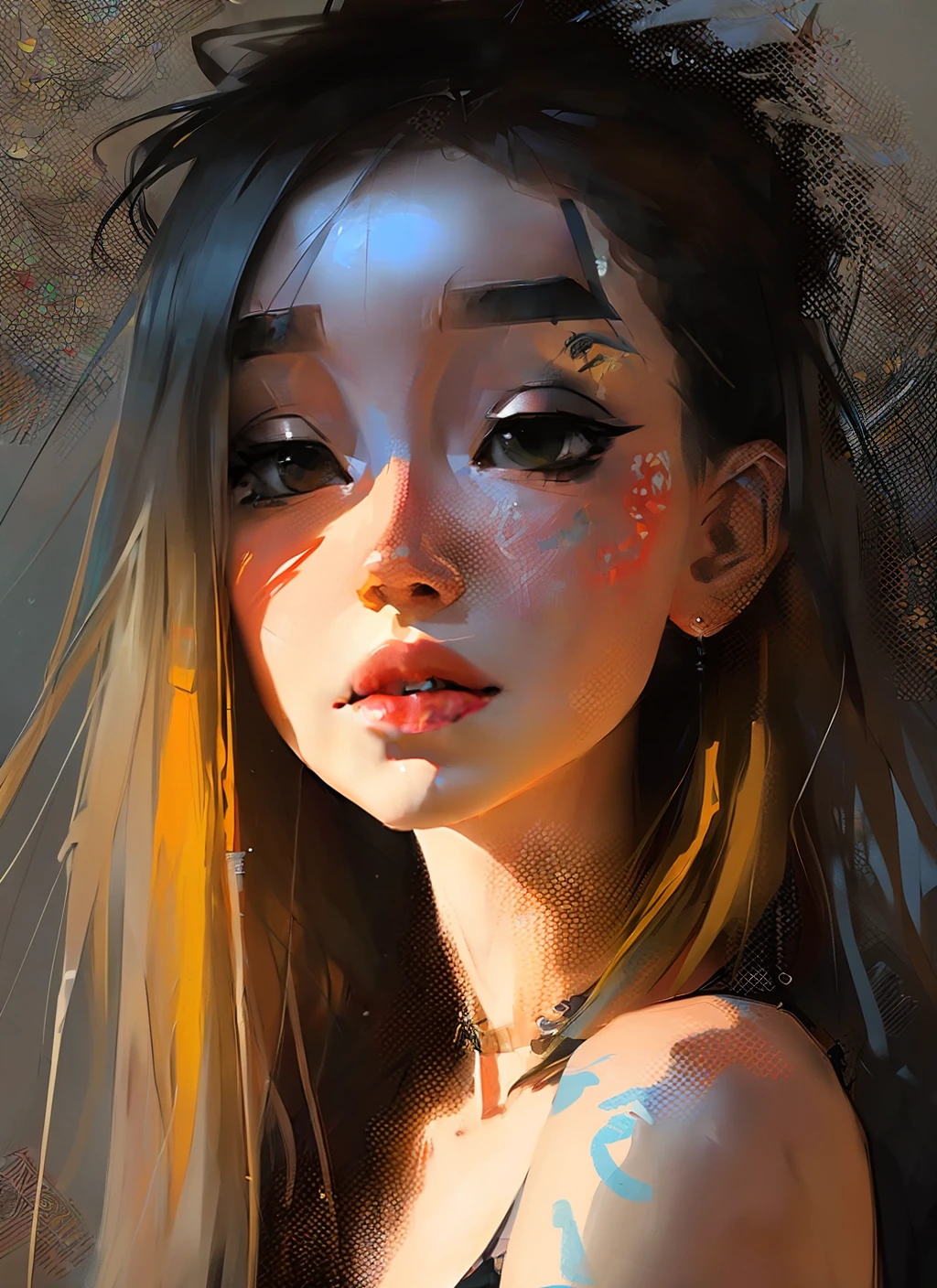 samdoesarts; portrait of one, a young blonde woman, with colourful makeup, long hair with bangs, sternum lotus tattoo, by Jeremy Mann, matth�us merian the elder, Pino Daeni, robert rauschenber, by beksinski