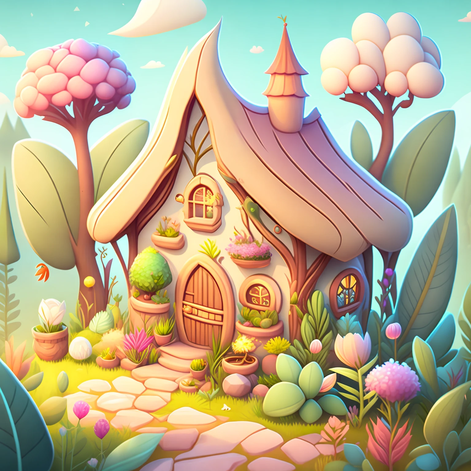 Cartoon-style house, flowers and plants, magical elements, mobile game， forest and plants, a touch of magical elements, outlines of animals.