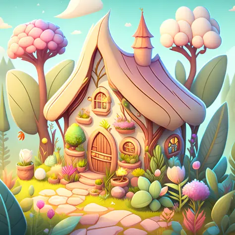 Cartoon-style house, flowers and plants, magical elements, mobile game， forest and plants, a touch of magical elements, outlines...