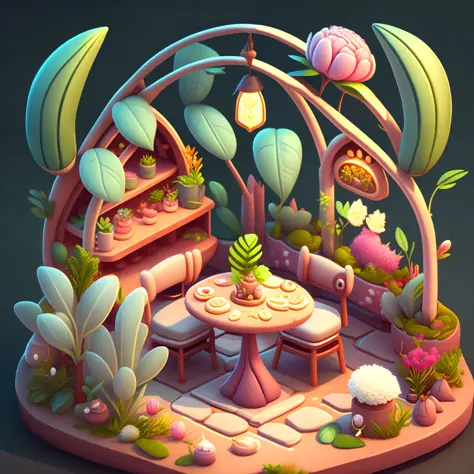 Cartoon-style restaurant, flowers and plants, magical elements, mobile game, forest and plants, a touch of magical elements, with small animals playing nearby.