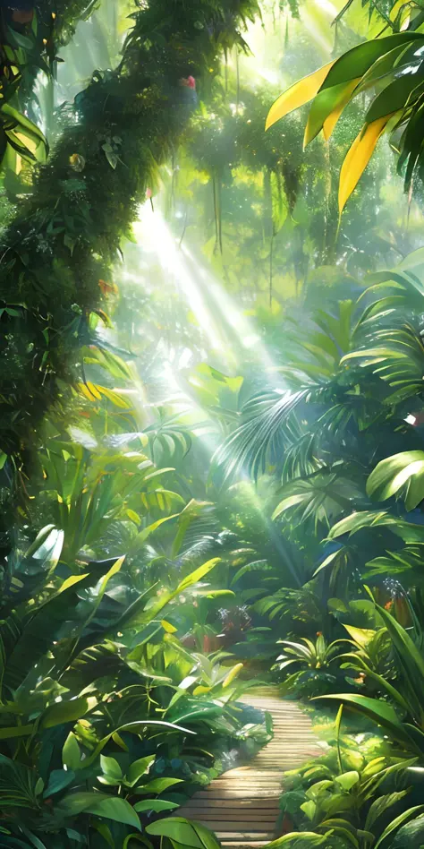 Digital illustration, detailed and intricate, of a dense jungle filled with exotic plants and animals, the sunlight filtering through the canopy creating a dappled effect. In the style of Yoshitaka Amano and Hayao Miyazaki, masterpiece, proportional, detai...