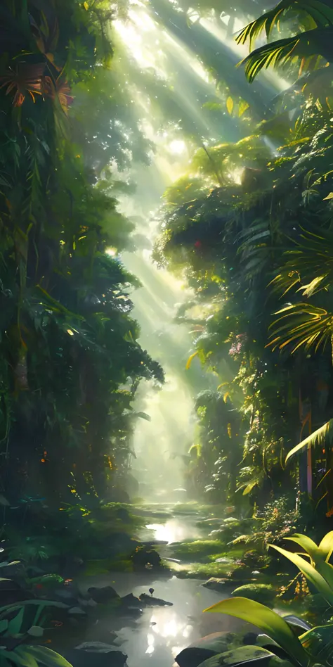 Digital illustration, detailed and intricate, of a dense jungle filled with exotic plants and animals, the sunlight filtering through the canopy creating a dappled effect. In the style of Yoshitaka Amano and Hayao Miyazaki, masterpiece, proportional, detai...