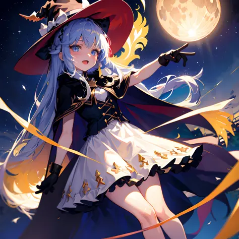 ((masterpiece:1.2, best quality)), 1girl, solo, (witch hat), blonde hair, long hair, dress, aurora, night, gloves, starry night,...