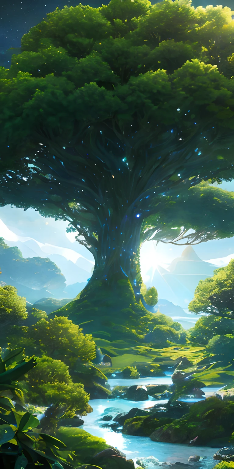 Illustration of a hyperrealistic , otherworldly, ultrasky scene featuring a giant crystal tree full body,very detailed and magical lighting, intricate forest details, vegetation and river around, solarpunk ,landscape, giant tree, beatifull leafy with beautiful lighting and realistic proportions, as if it were a cinematic background, 8k, highest quality, masterpiece, clouds and stars in the sky.