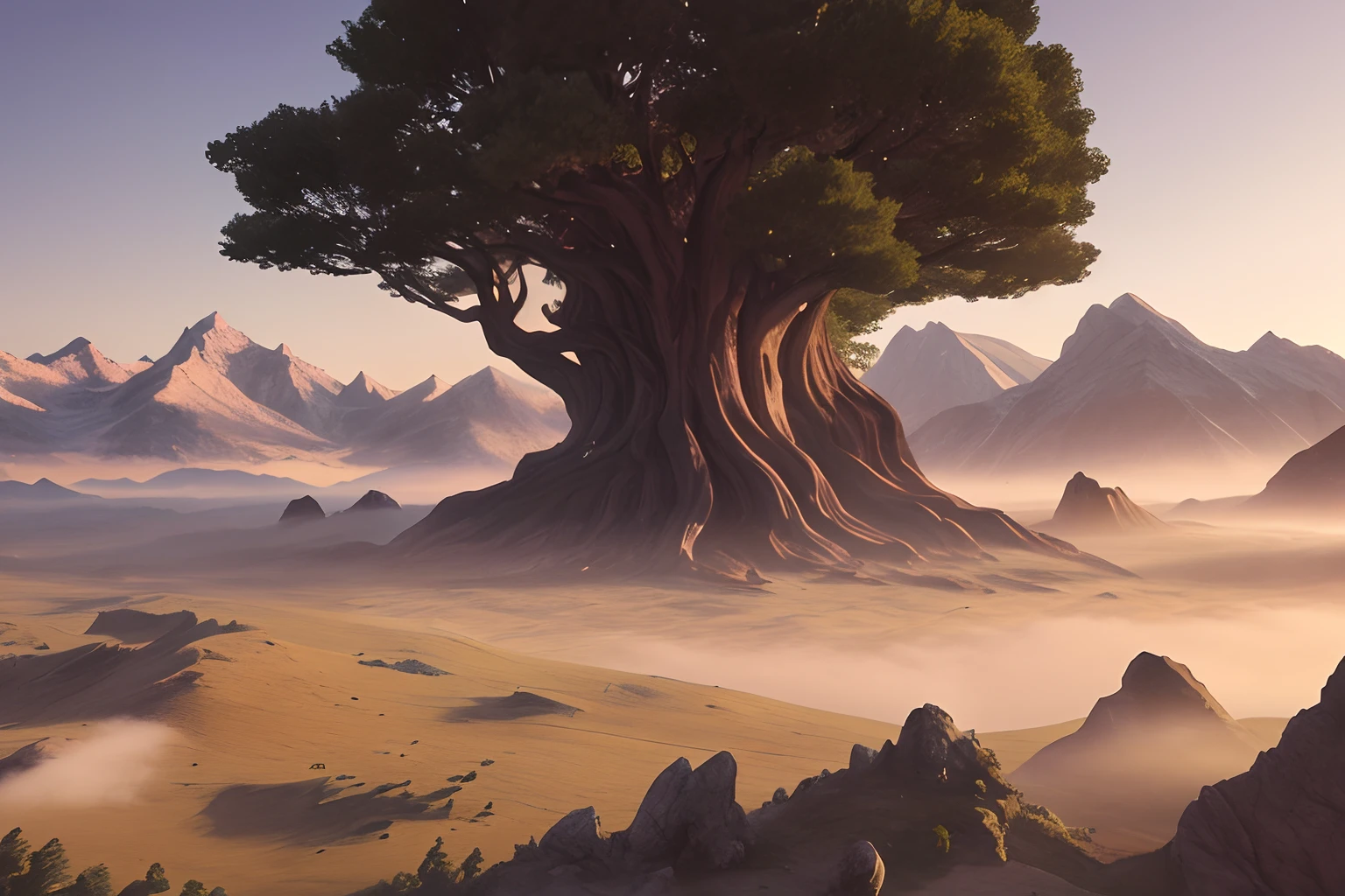 Zebaoth, arbre fantastique épique géant, montagnes massives, plan cinématographique, vue grand angle, réaliste,peau détaillée, 8k, tendance sur artstation,lisse,Animation 3D --ar 2:1 --v 5 --q 2 --s 750