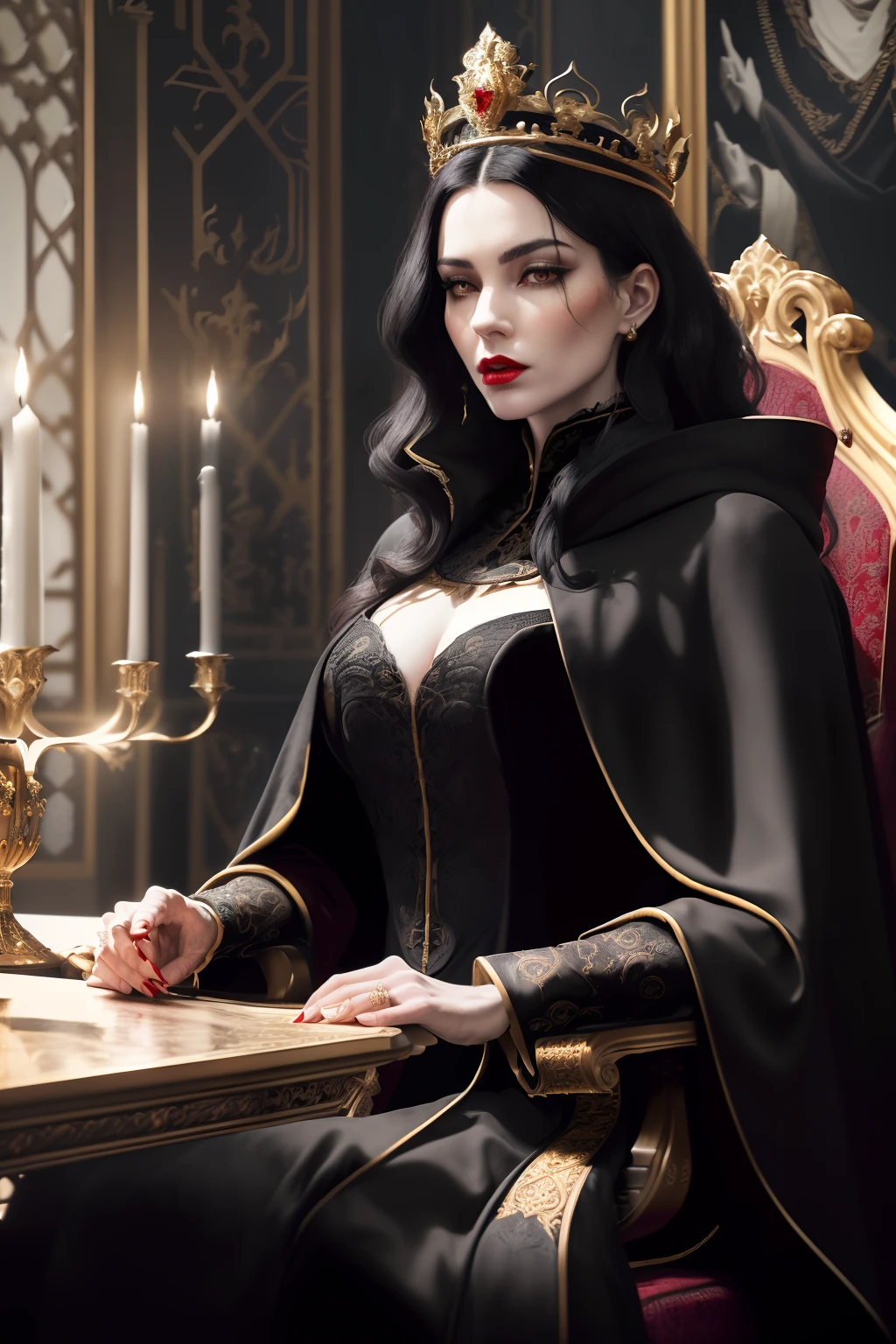 ((darkly atmospheric)), ((detailed)), illustration, scene perspective (interior of a castle), character appearance (wearing black robes and cloak, golden crown, elegant with striking red lipstick, serious expression, aristocratic bearing, black hair styled in regal fashion), character identity (queen), background elements (ornate furnishings and decor befitting a royal setting).