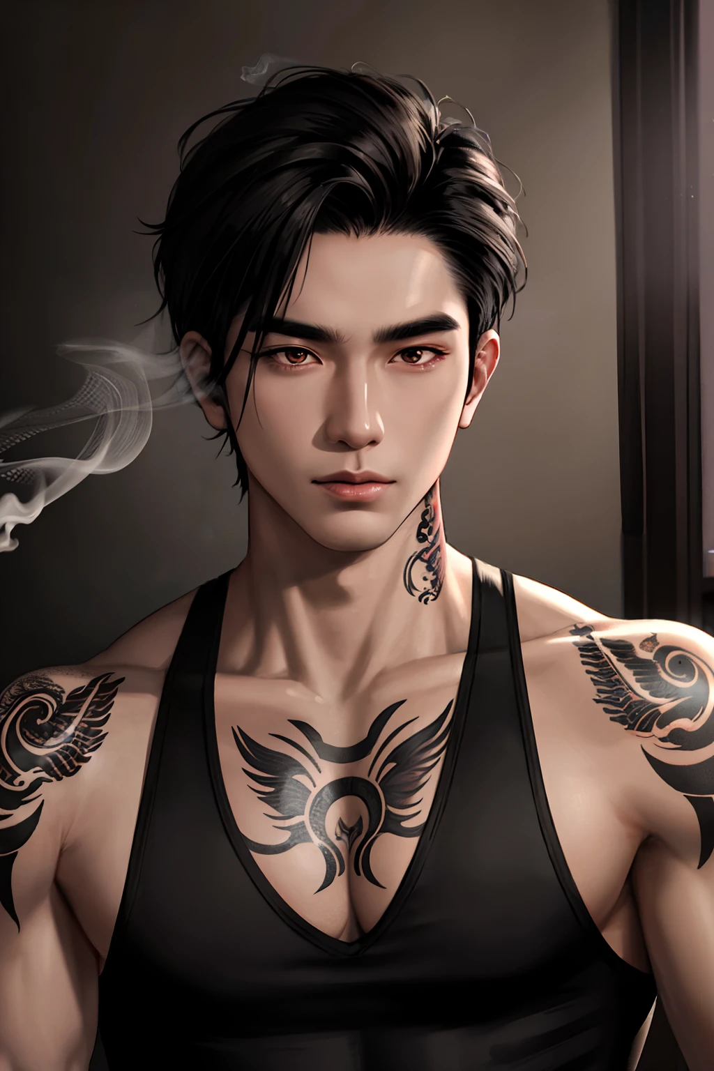 ((best quality)), ((ultradetailed)), ((masterpiece)), illustration, young adult man, ((asian male facial features)), soft facial features, tanned skin, yakuza,((tall_muscular_man)), black_short-cut_hair, meeay hair, brown eyes, light smile, black tank top, relaxation, ((cigarette smoking)), ((extensive tattoos)), mysterious symbols, dimly lit living room, deep and enigmatic gaze, complex emotions, warm atmosphere, male protagonist, complex lighting. 
looking at viewer, highres, hyper-detailed, photorealistic, ultra realistic, realistic light, hard lighting, intricate details, stop motion, hyperfocus, tonemapping, sharp focus, hyper detailed, detailed eyes, eyes focus, (illustration:1.1), highres, (extremely detailed CG unity 8k wallpaper:1.1), (mid shot1.25), (portrait:1.25), (solo:1.2), (beautiful face:1.15), (nixeu_soft:0.7), (nixeu_white:0.7)