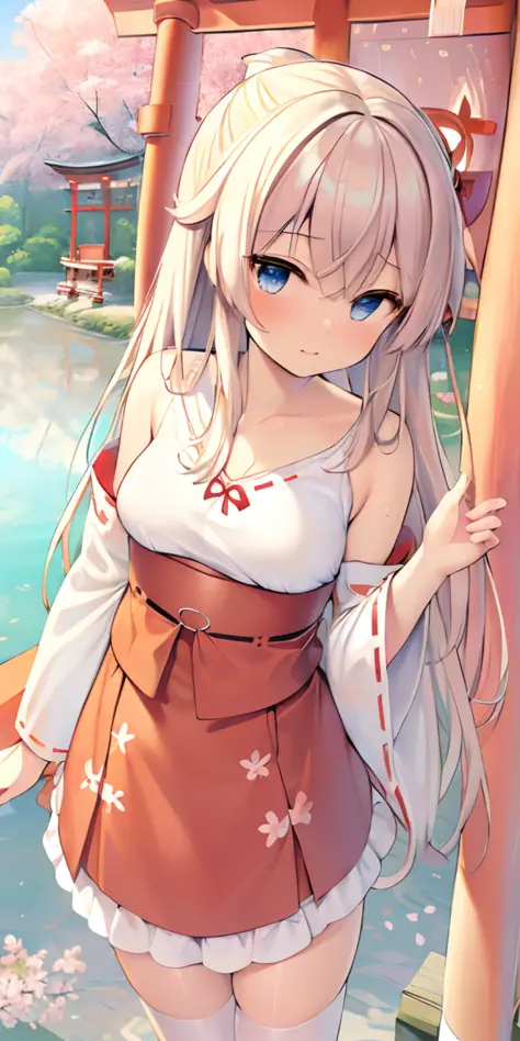 ((best quality)), ((ultradetailed)), ((masterpiece)), illustration, character appearance (blue eyes, brown long hair), clothing attire (exposed-shoulder miko outfit, white stockings), scene elements ((shinto shrine torii gate, falling cherry blossoms, rive...