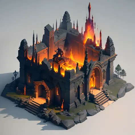 On this land full of evil aura, there is a huge demon armory where demons forge and collect various destructive weapons. The whole building is surrounded by magma, as if it is erupting from the ground. Demons perform mysterious rituals here and cast terrifying weapons capable of destroying the world, (isometric view), (top-down), 3D render, very high definition, high detail, 8k, cinematic lighting, ultra high resolution, game assets