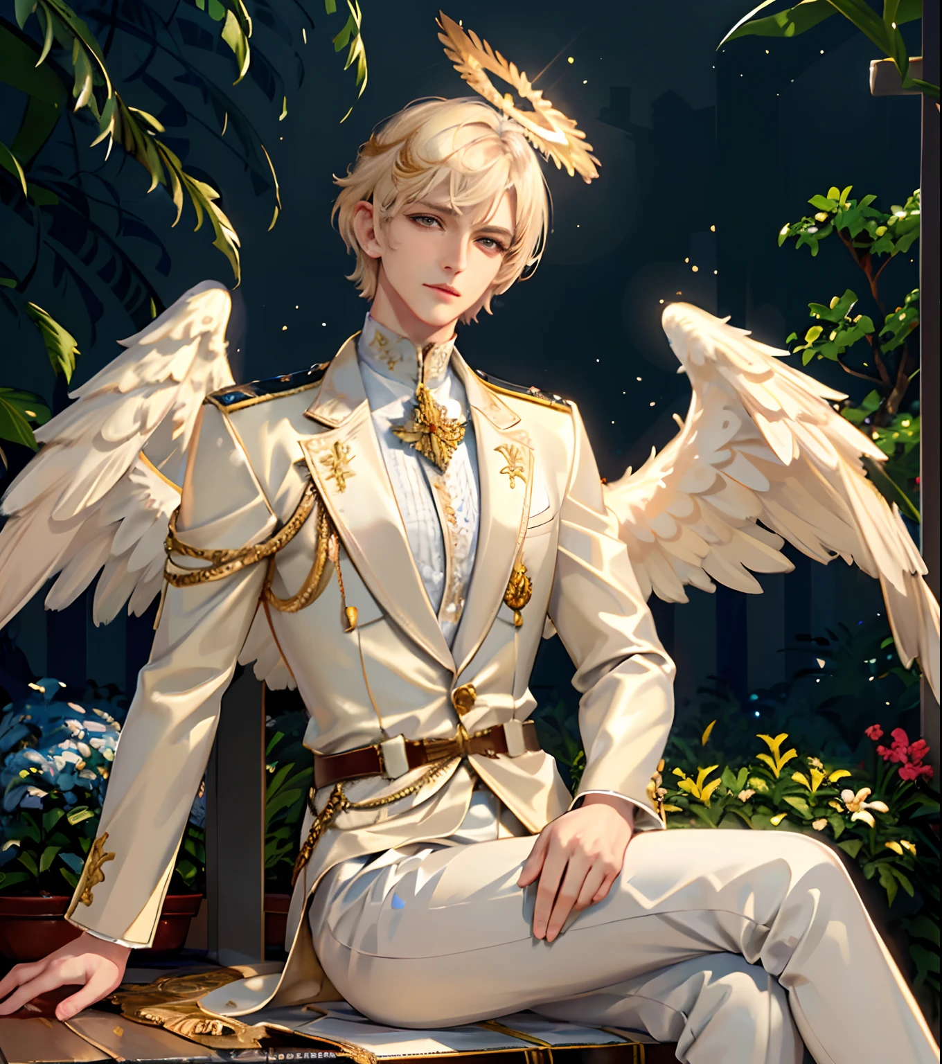 <(masterpiece, realistic:1.3), (extremely intricate:1.2)>, CG, ((European-style garden)), portrait of a young adult man, beautiful handsome face, sharp facial features, ((military angel)), pale skin, unemotional face, light-brown eyes, jewelry, sitting, gracefully, white clothes, white long pants, elegant shirt, tall-build, soldier's build, hard general, blonde short hair, short-cut hair, solo, profile, highly detailed, complexed light, warm sun light afternoon, detailed eyes, ((shining angel halo on head)), ears with feathers, wing-liked ears, looking at viewer