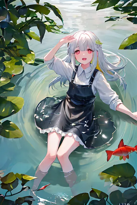 White-haired girl with red pupils, happily splashing around in a crystal-clear pond surrounded by colorful fish and flowers, creating ripples that reflect the warm sunshine overhead. The overall mood is playful and carefree, with a sense of innocence and w...