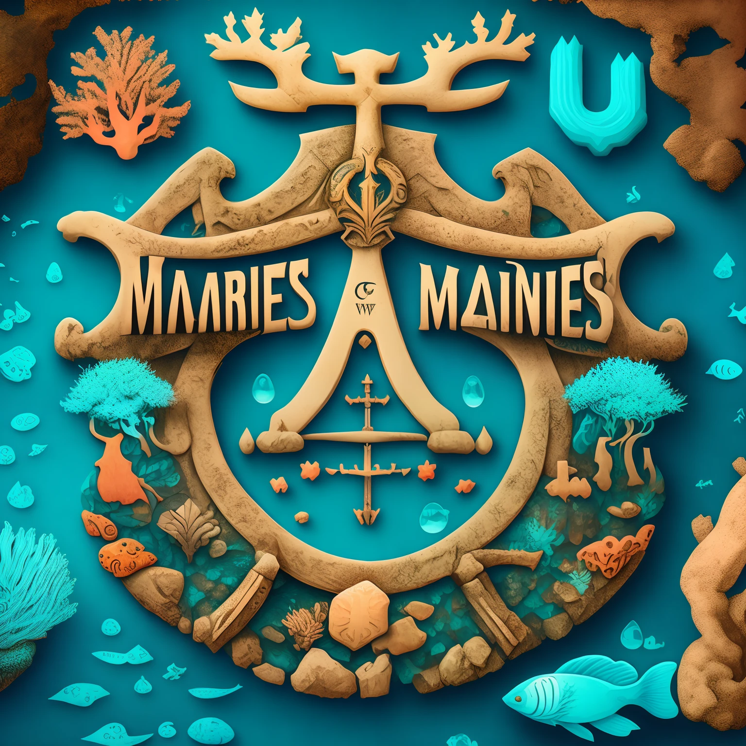 no ground，margin with Marine elements , Design a gameicon, with a symbol of the Coral Castle, Modern font , textures , treee, water , 8k , vector , art , center axes,