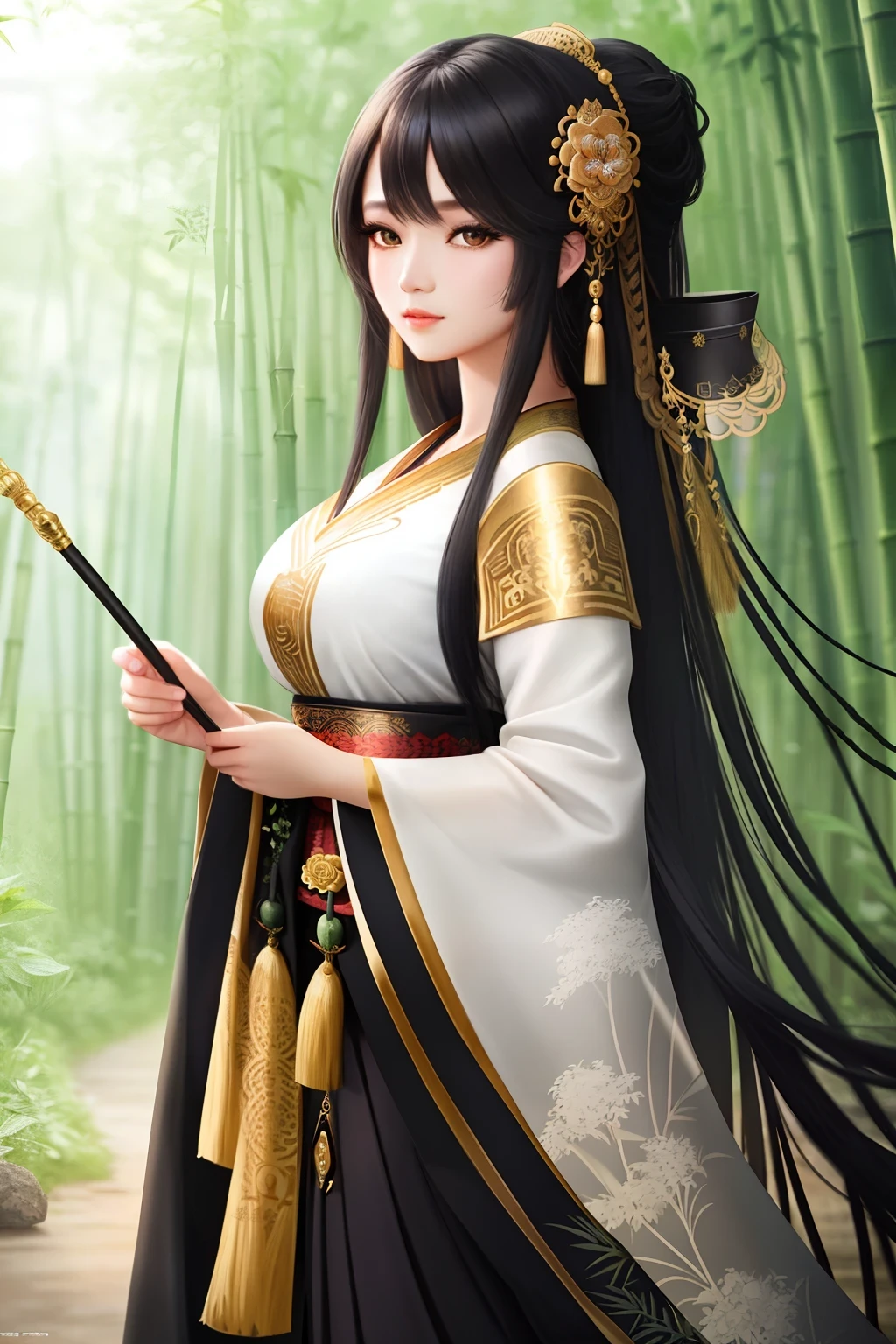 a beautiful  woman wearing traditional  wears , long hair, black hair, black eyes, bamboo forest (fantasy), (portrait), (raw photo), (extremely detailed CG unity 8k wallpaper) Intricate, Sharp focus, dramatic, photorealistic  art