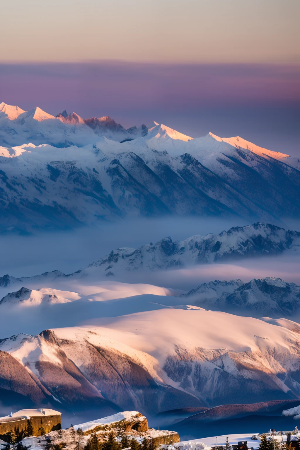 Coucher de soleil, neige, montagnes, mer de nuages