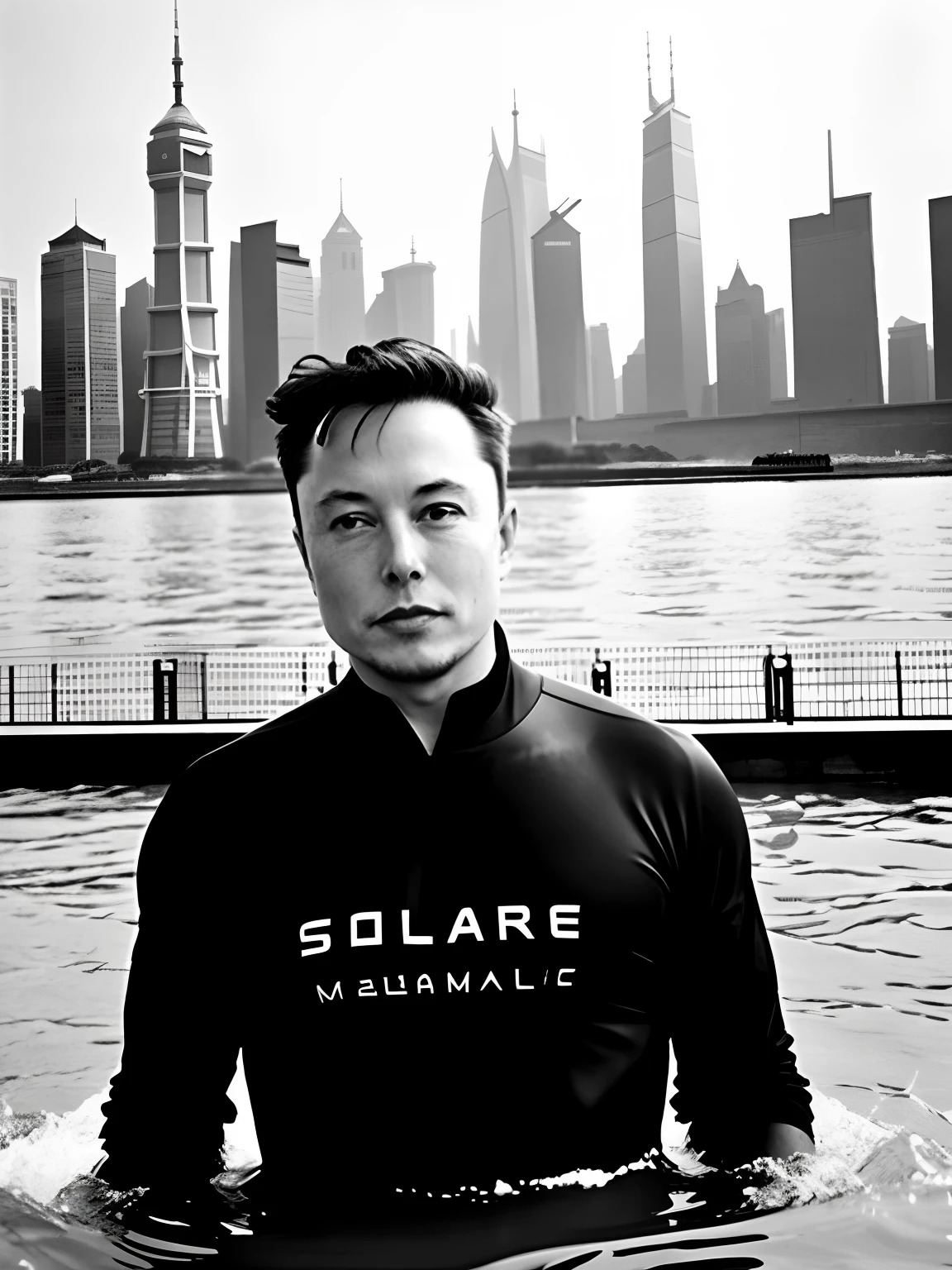 Elon Musk swim in the Huangpu River in Shanghai in 1967，black and white ...